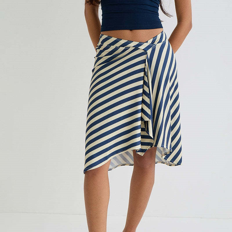 Asymmetric Stripe Wrap Skirt  Midi Skirt