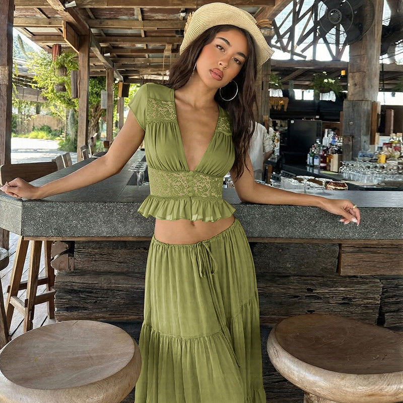 Vacation Style Lace Crop Top and Maxi Skirt Set