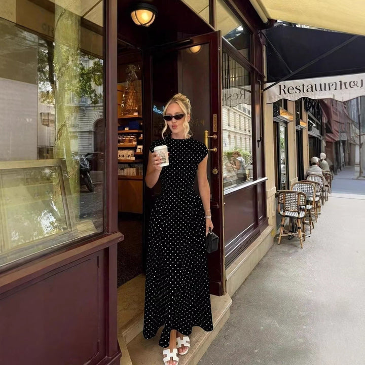 Elegant Polka-Dot Print Round-Neck Maxi Dress