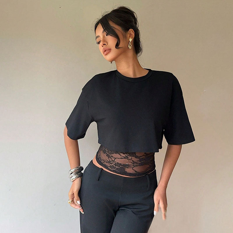 Mesh and lace patchwork short-sleeved top