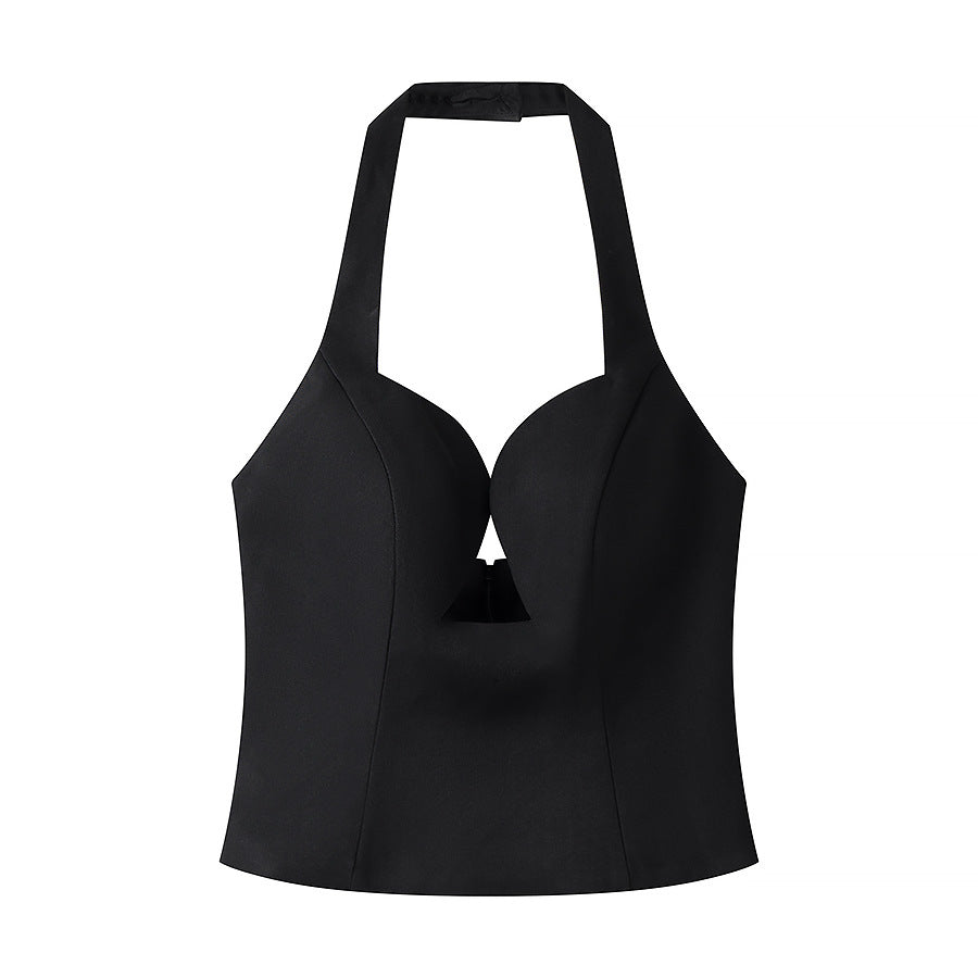 Deep-V cut-out halter crop top