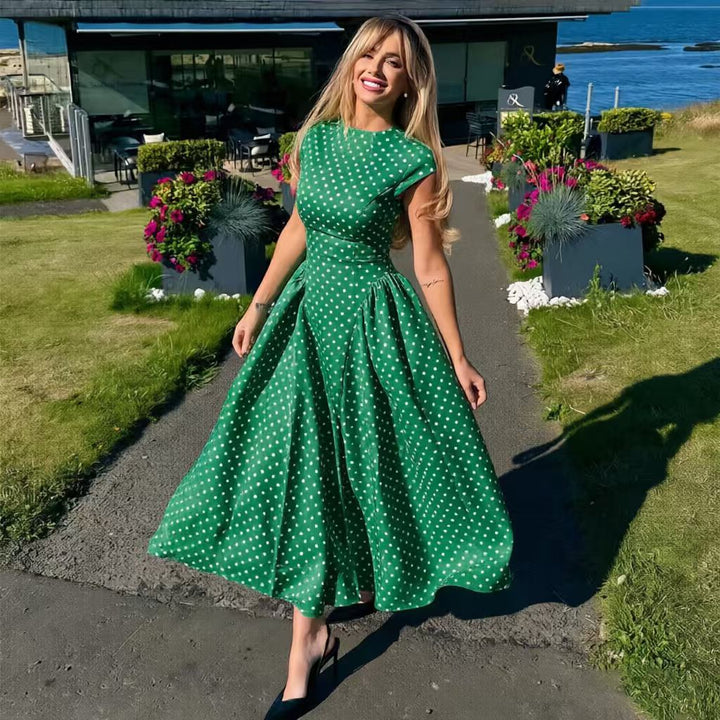 Elegant Polka-Dot Print Round-Neck Maxi Dress