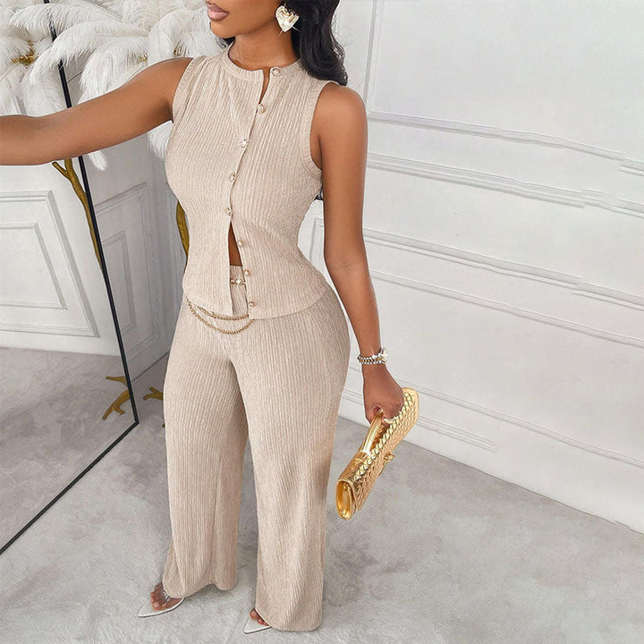 Front-button sleeveless top and wide-leg pants set