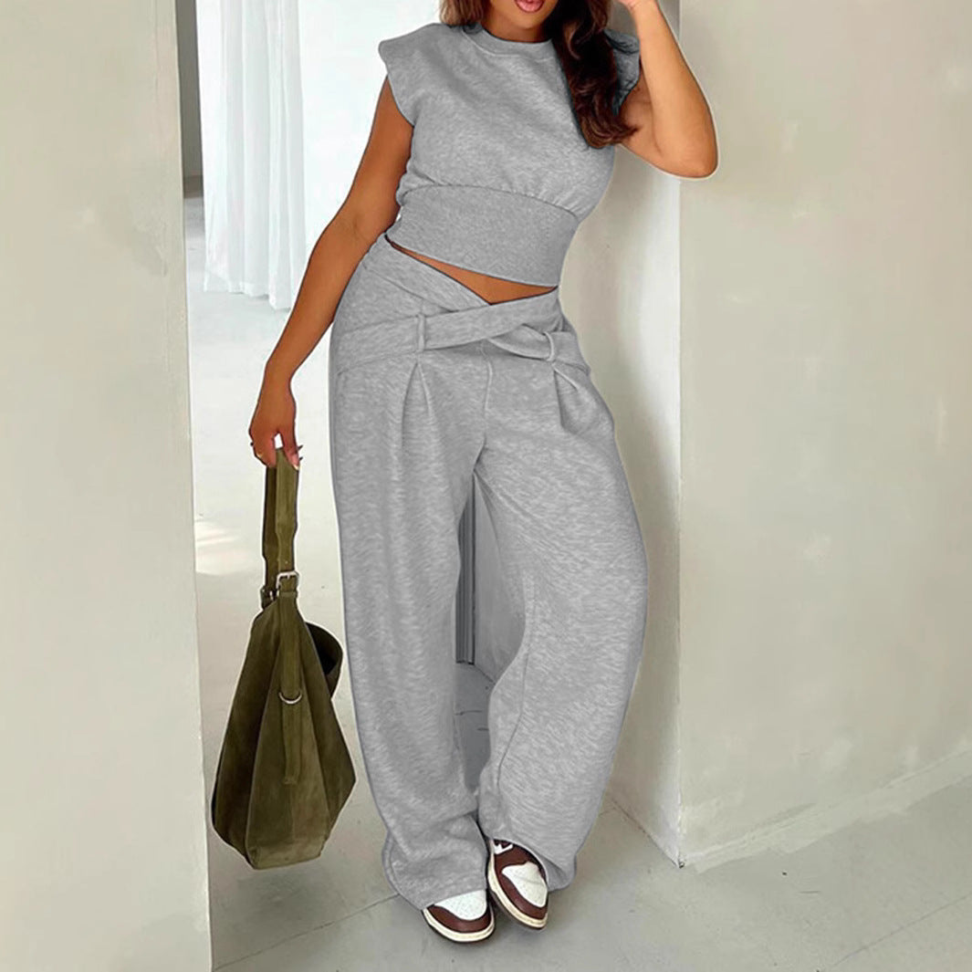 Waist-cinching round-neck top and front-twist wide-leg set