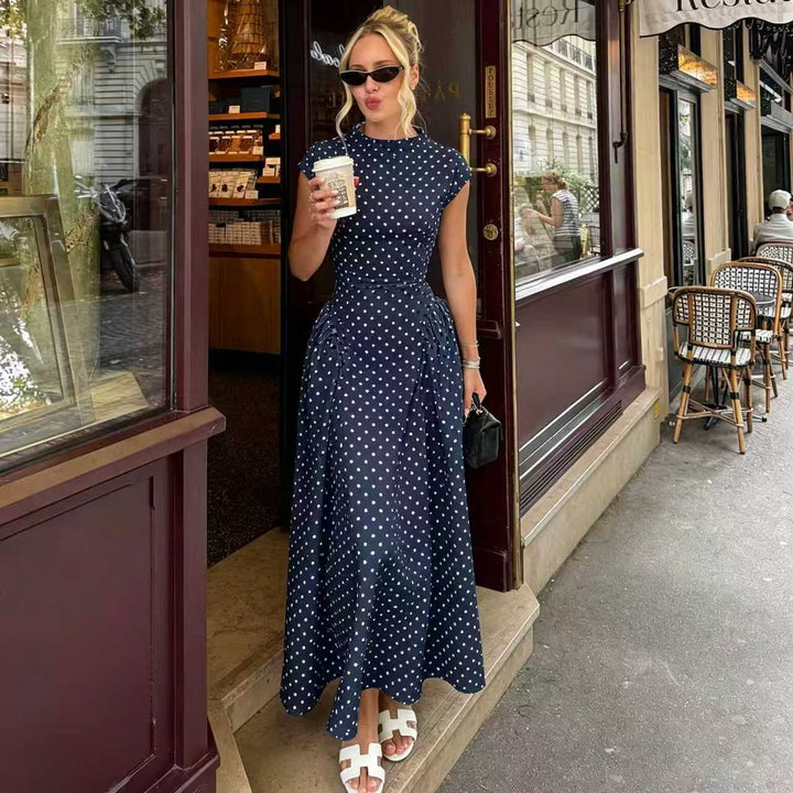 Elegant Polka-Dot Print Round-Neck Maxi Dress