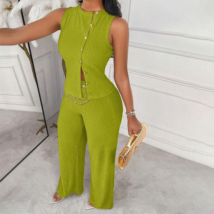 Front-button sleeveless top and wide-leg pants set