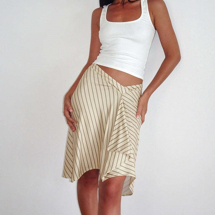 Asymmetric Stripe Wrap Skirt  Midi Skirt