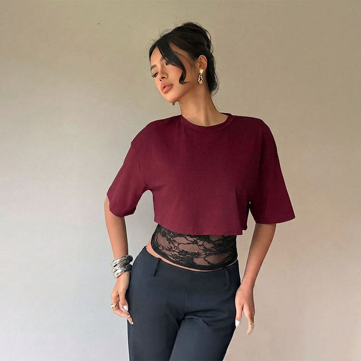 Mesh and lace patchwork short-sleeved top