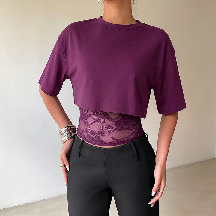 Mesh and lace patchwork short-sleeved top