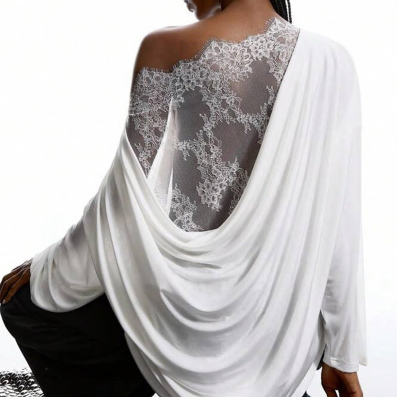 Asymmetrical lace backless long-sleeved shirt