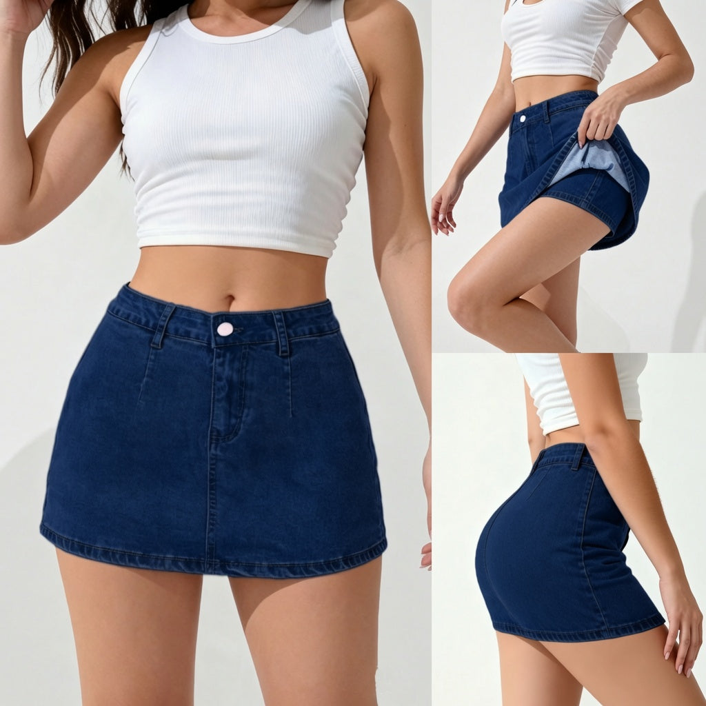 The Elara Y2K A-Line Stretch Denim Button Skirt