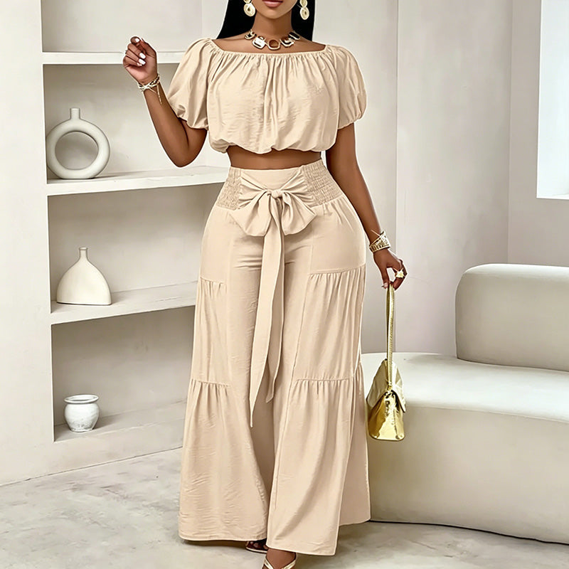 Off-shoulder puff sleeve wide-leg pants two-piece set