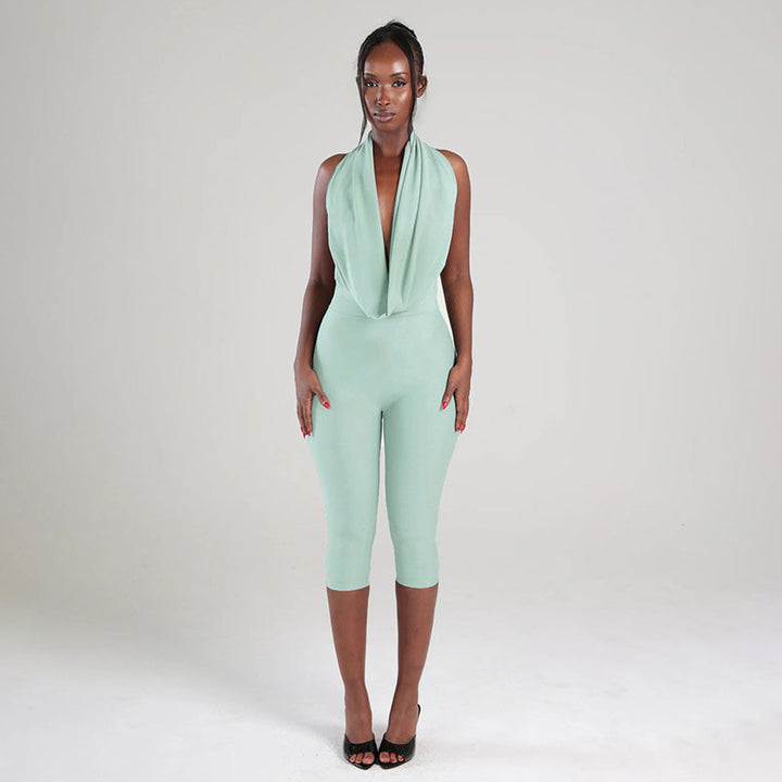 Deep V-neck backless pleated cropped jumpsuit