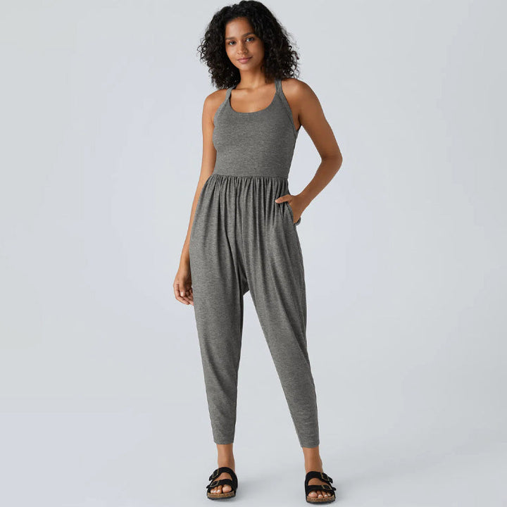 Knitted casual backless cross-strap jumpsuit