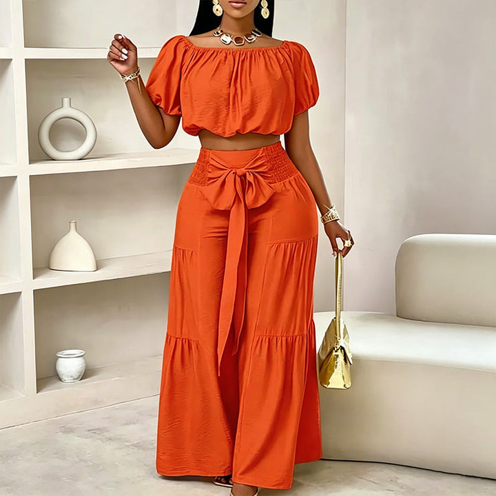 Off-shoulder puff sleeve wide-leg pants two-piece set