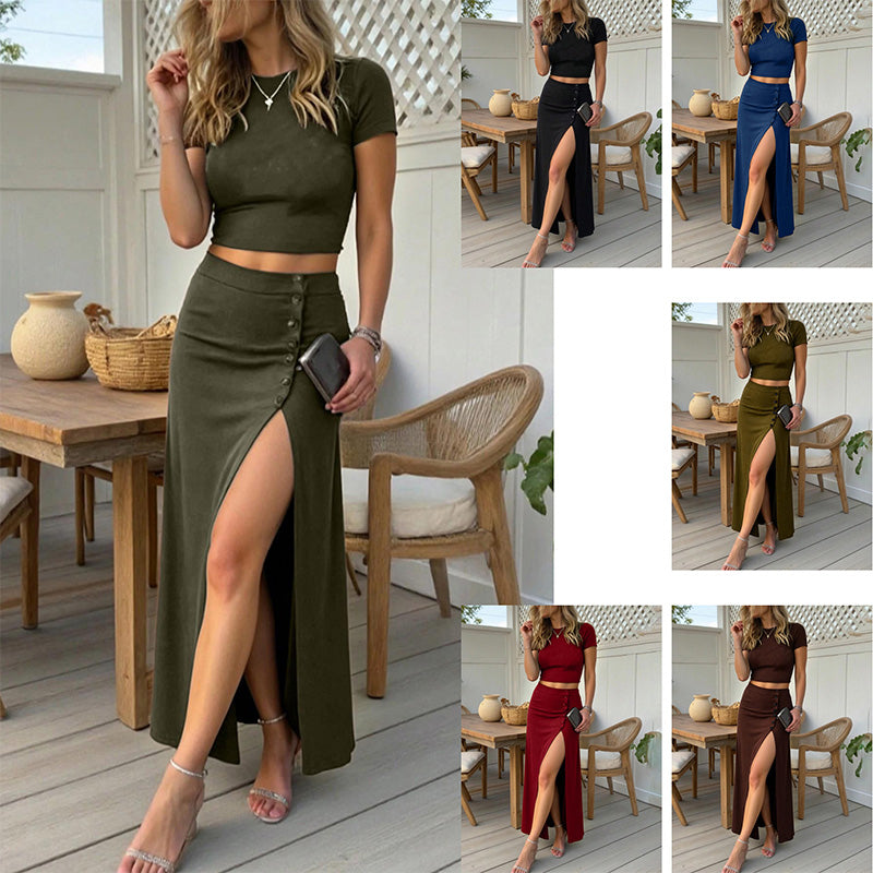 A fitted crop top paired with a side-slit maxi skirt
