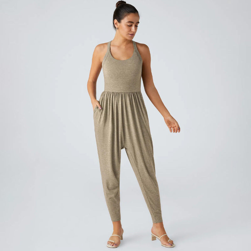 Knitted casual backless cross-strap jumpsuit