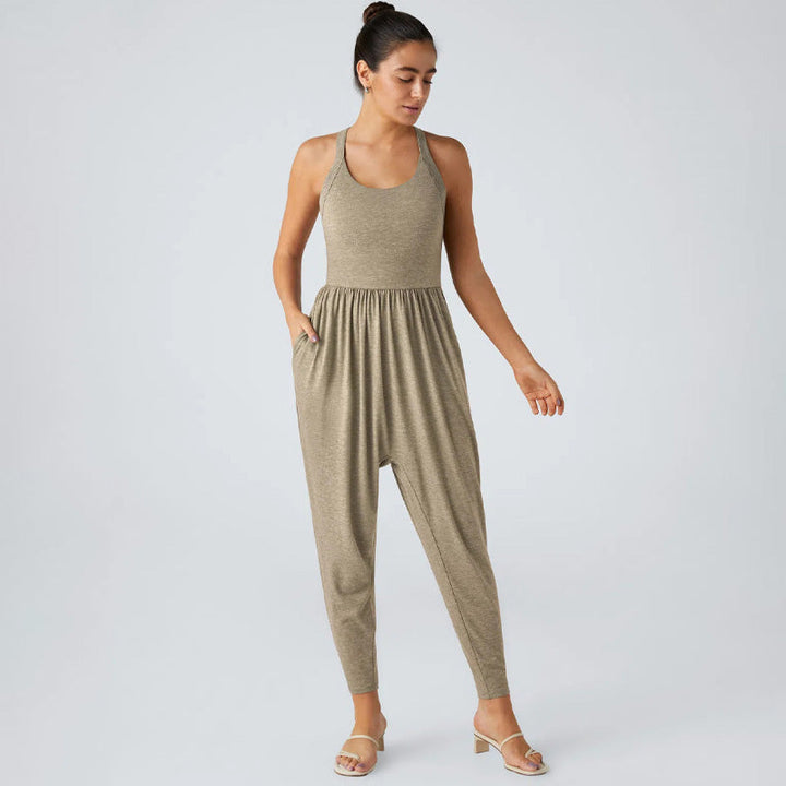 Knitted casual backless cross-strap jumpsuit
