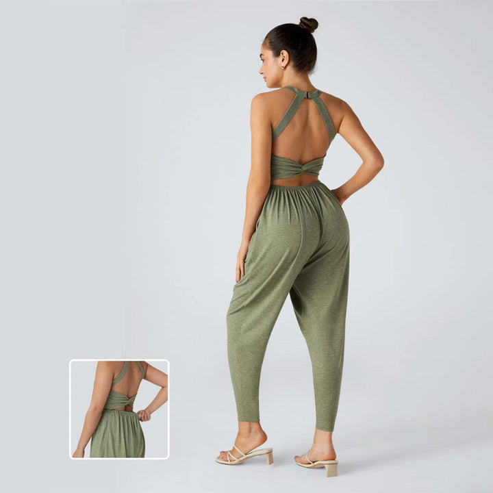 Knitted casual backless cross-strap jumpsuit