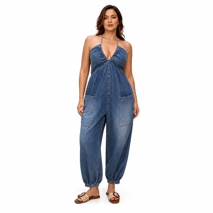 The Elara Plus Halter Denim Utility Jumpsuit