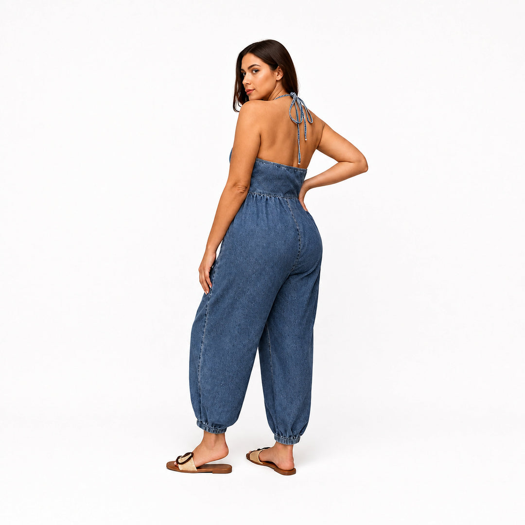 The Elara Plus Halter Denim Utility Jumpsuit