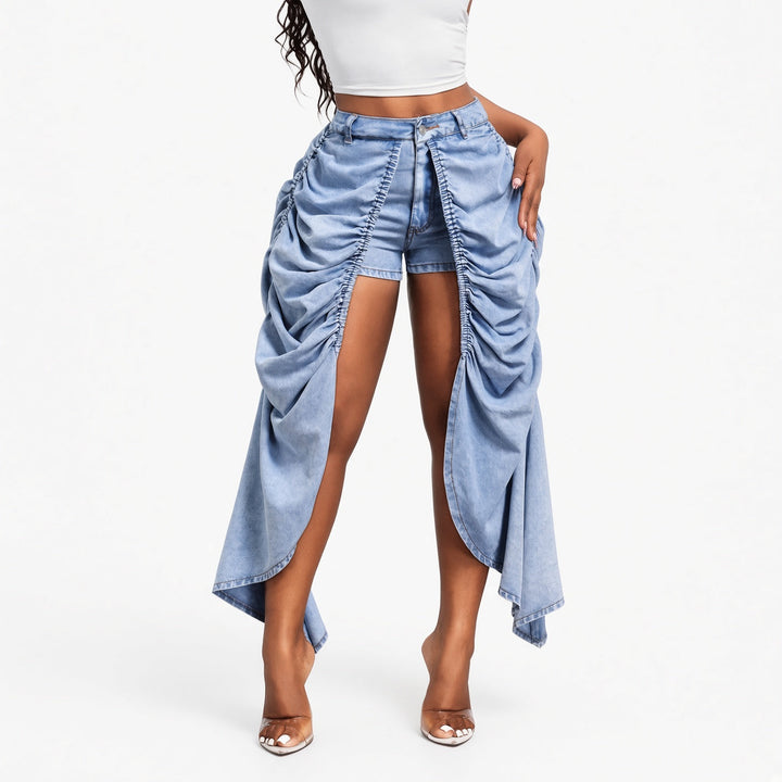 The Elara Draped Denim Overlay Shorts