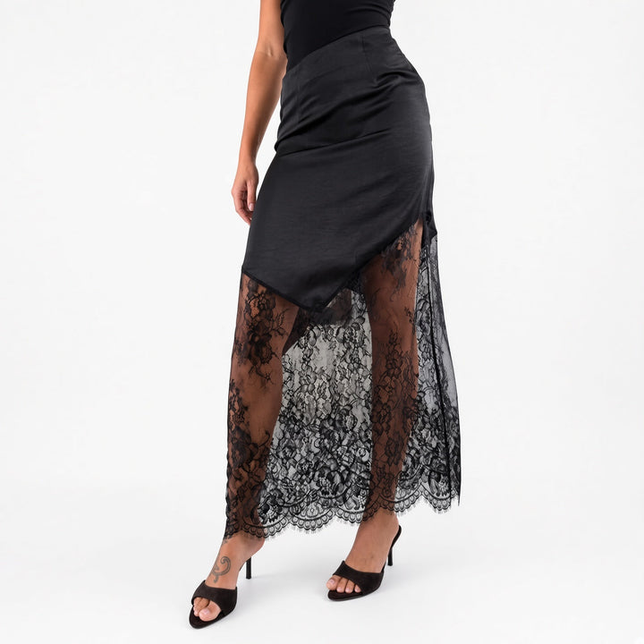 The Elara Lace-Panel Satin Maxi Skirt