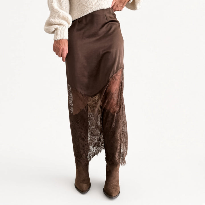 The Elara Lace-Panel Satin Maxi Skirt