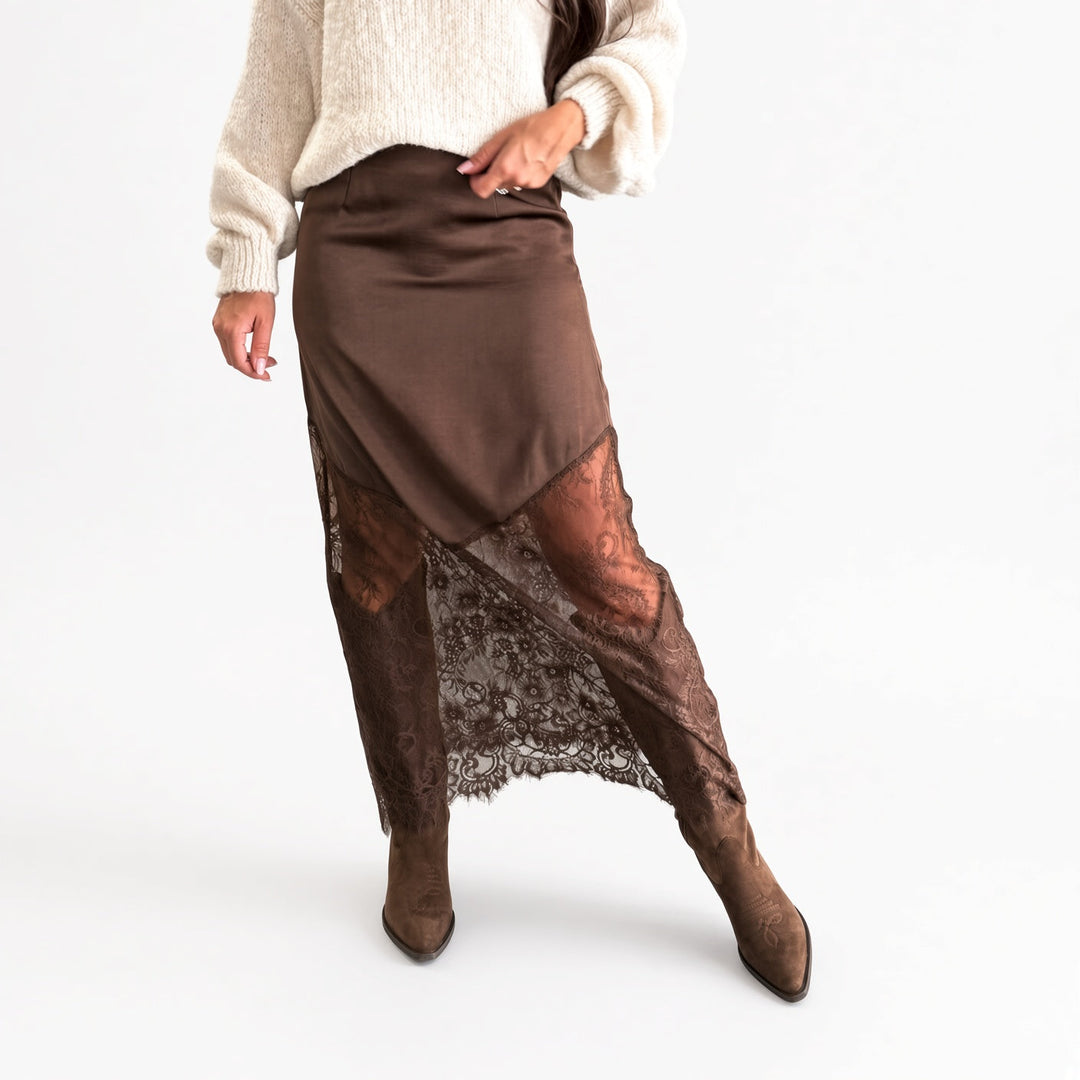 The Elara Lace-Panel Satin Maxi Skirt