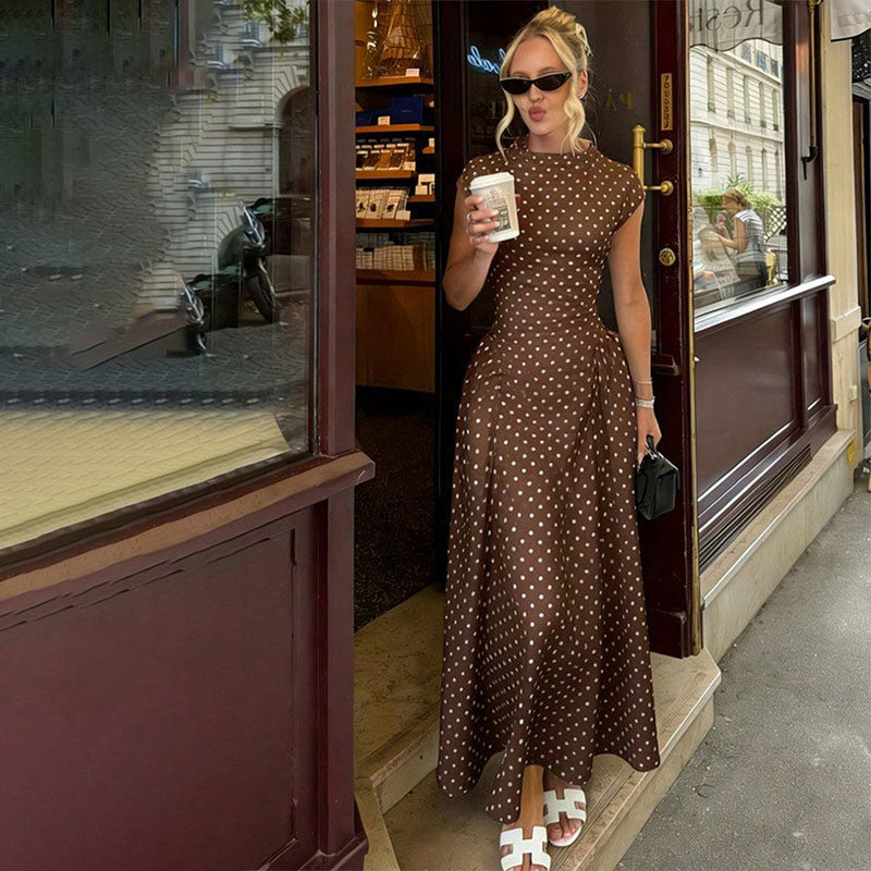 Elegant Polka-Dot Print Round-Neck Maxi Dress