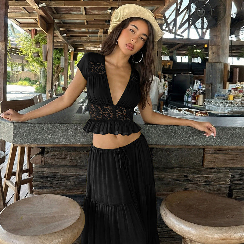Vacation Style Lace Crop Top and Maxi Skirt Set