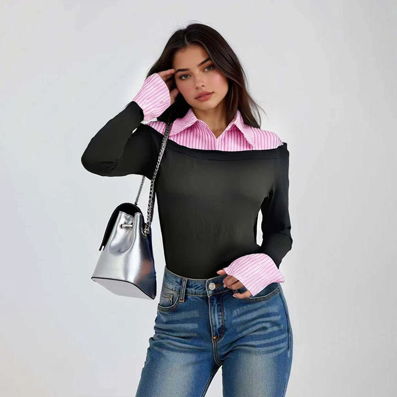 Striped patchwork slim-fit long-sleeved top
