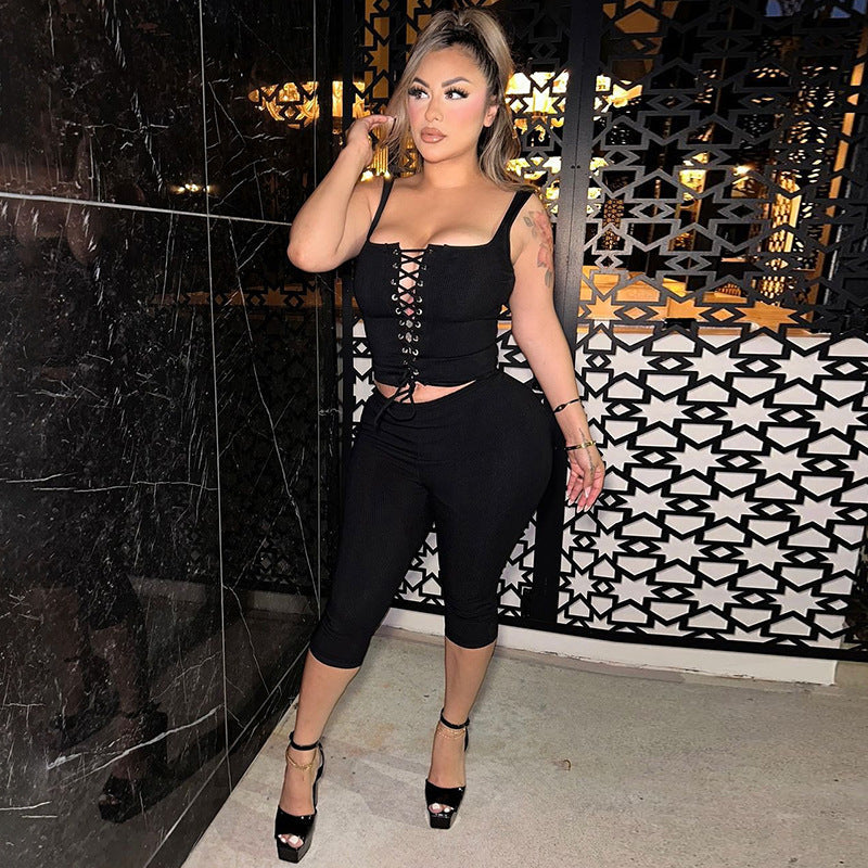 Square-neck tie-front top and cropped trousers set
