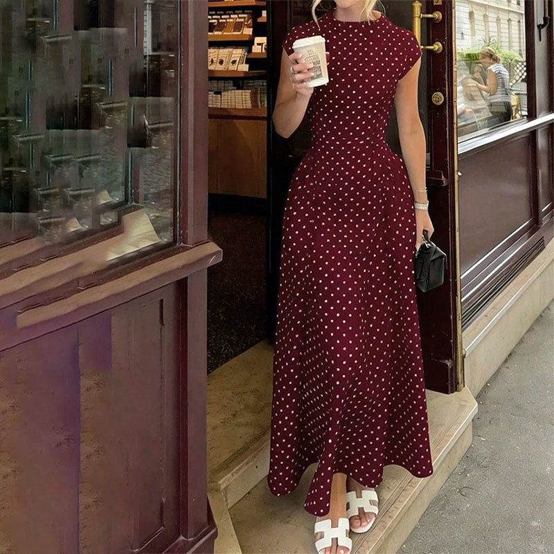 Elegant Polka-Dot Print Round-Neck Maxi Dress
