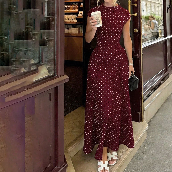 Elegant Polka-Dot Print Round-Neck Maxi Dress