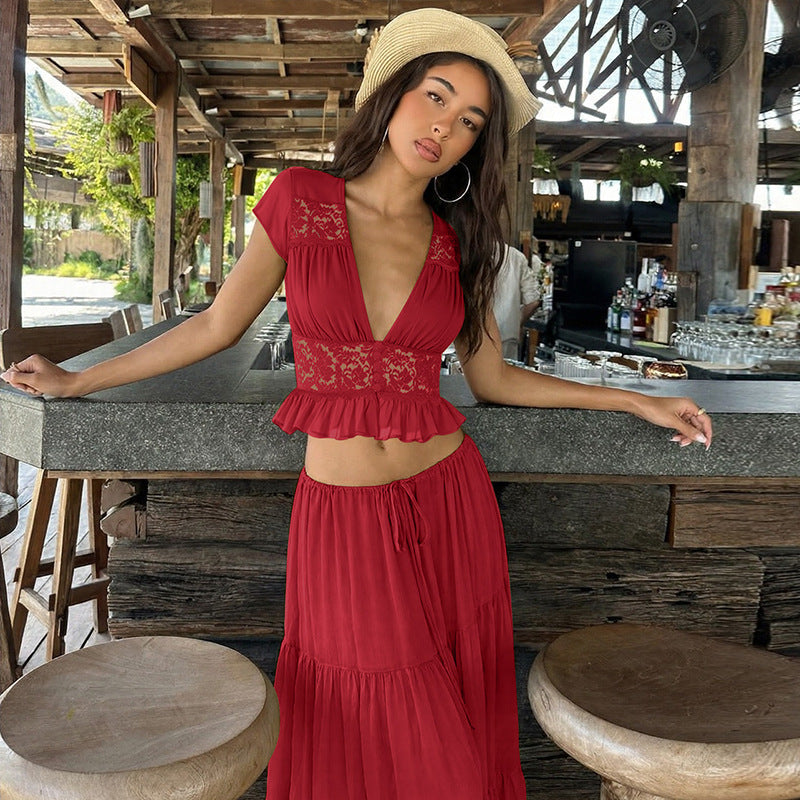 Vacation Style Lace Crop Top and Maxi Skirt Set