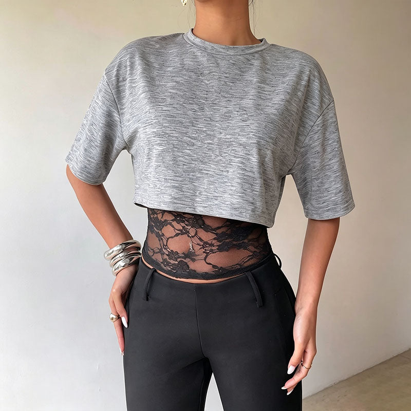 Mesh and lace patchwork short-sleeved top
