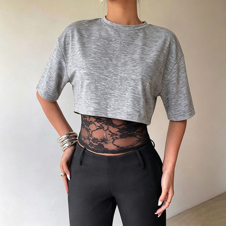 Mesh and lace patchwork short-sleeved top