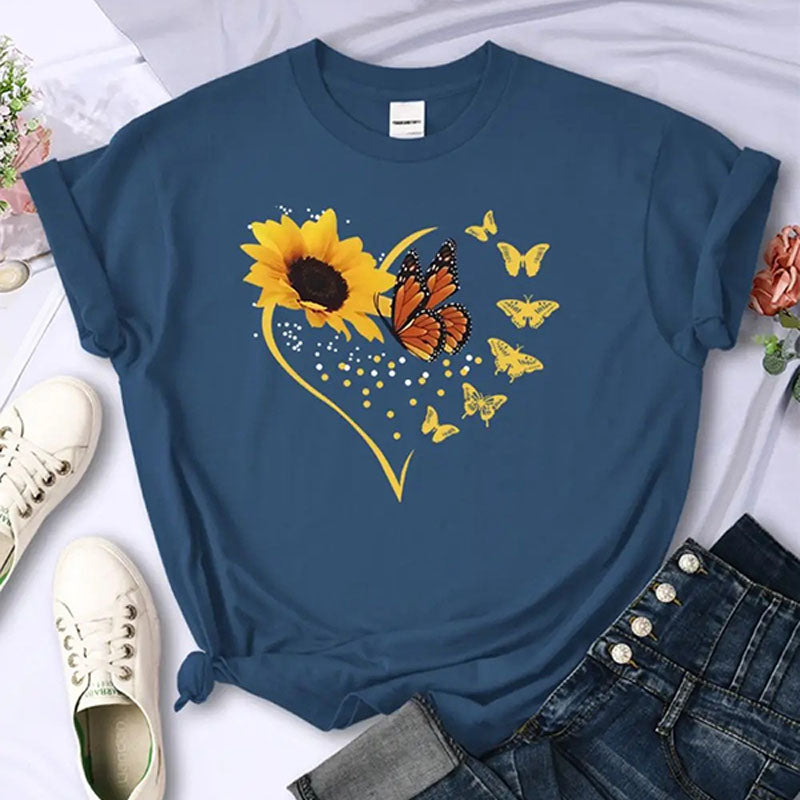Sunflower-print crew-neck short-sleeve top