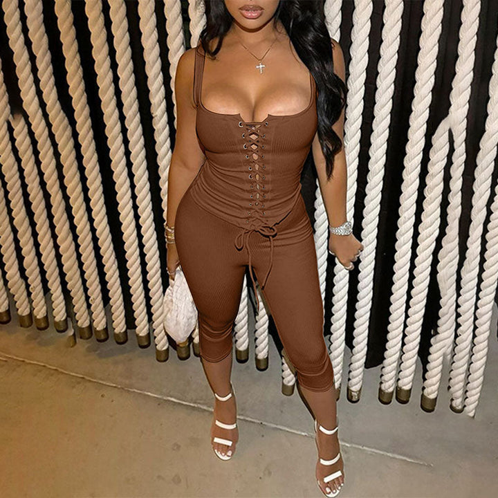Square-neck tie-front top and cropped trousers set