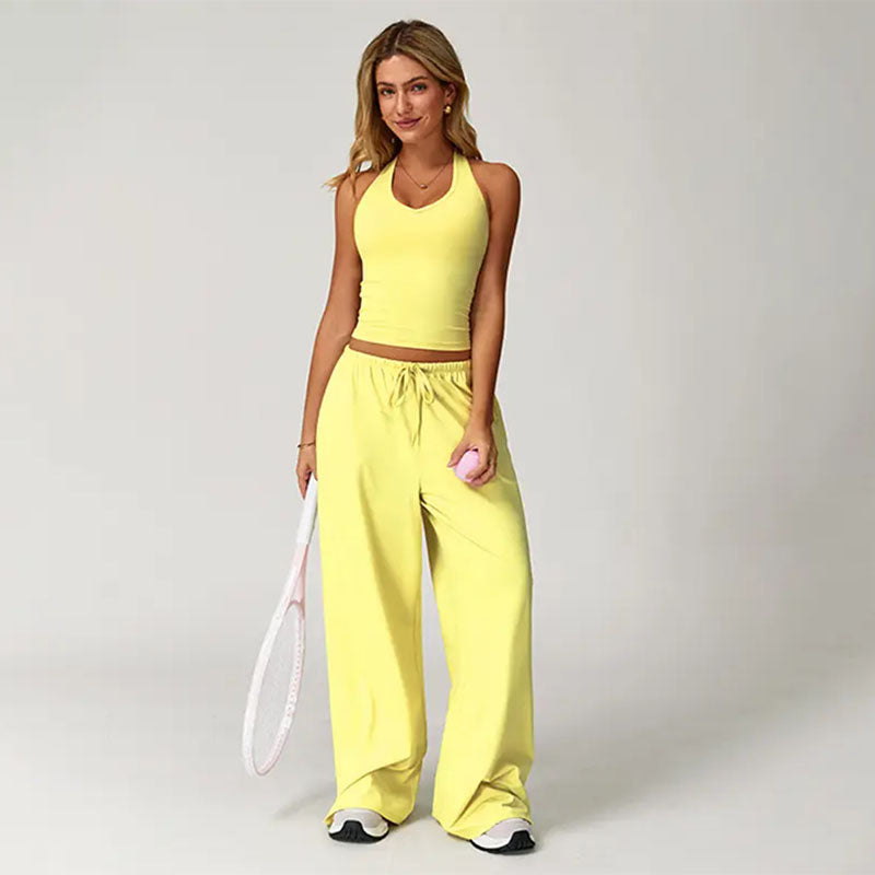 Sporty halter neck top and drawstring pants two-piece set