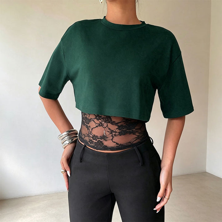 Mesh and lace patchwork short-sleeved top