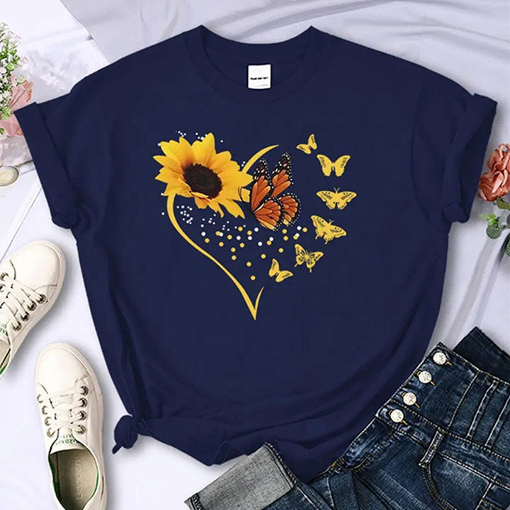 Sunflower-print crew-neck short-sleeve top