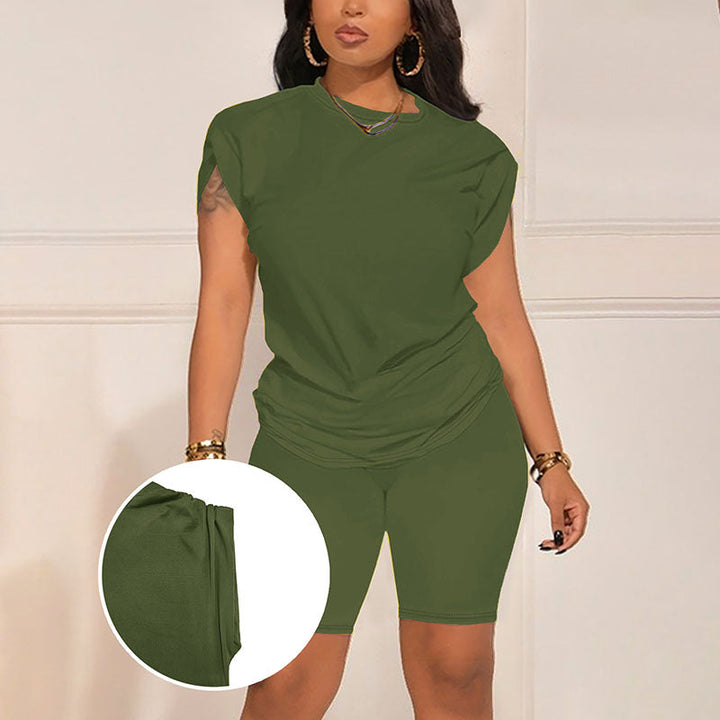 Front-pleat top and high-waisted slim-fit shorts set