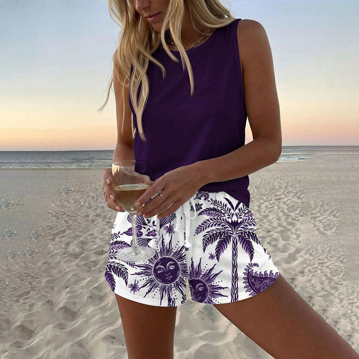 Crew-neck sleeveless tank top and printed shorts set