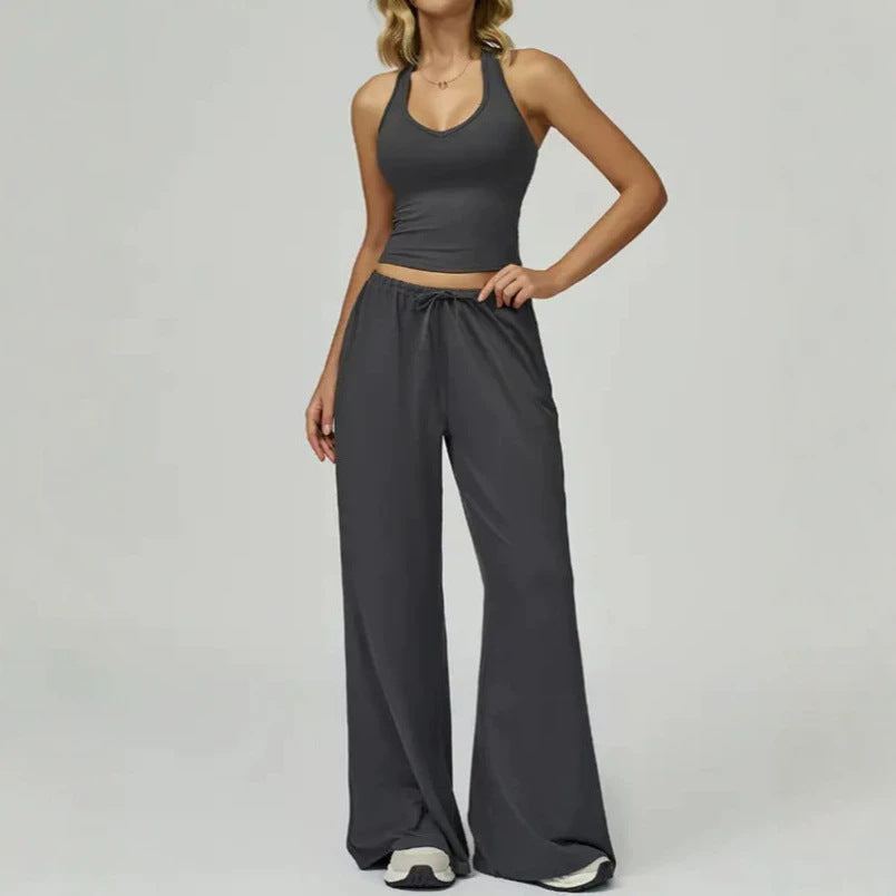Sporty halter neck top and drawstring pants two-piece set