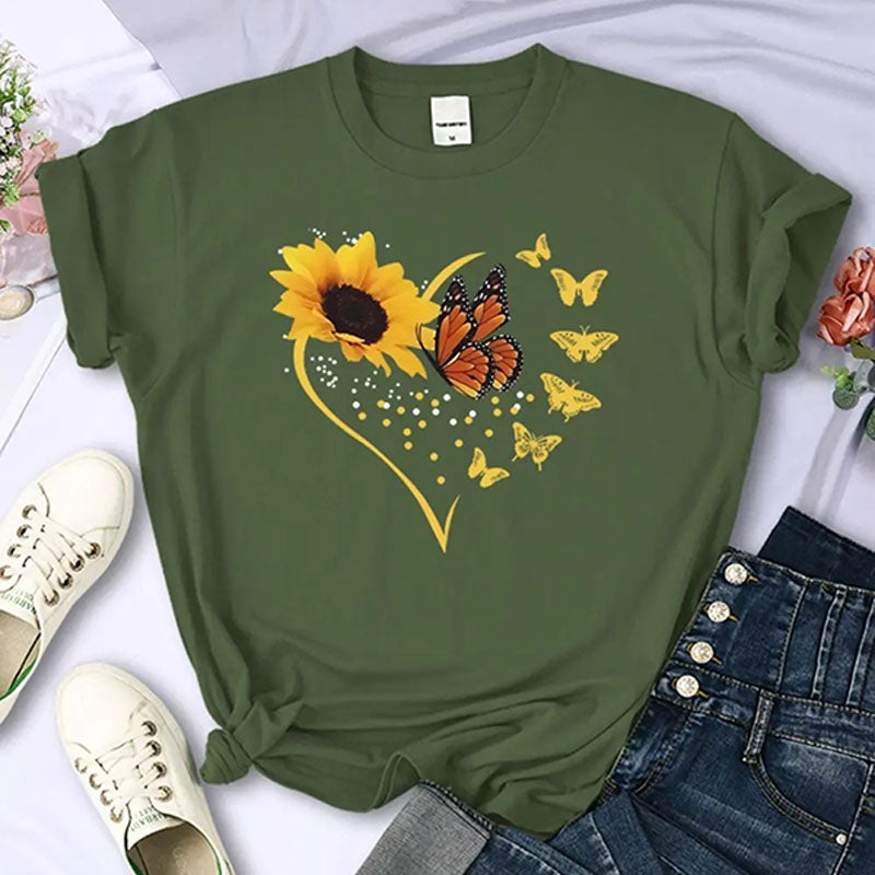 Sunflower-print crew-neck short-sleeve top