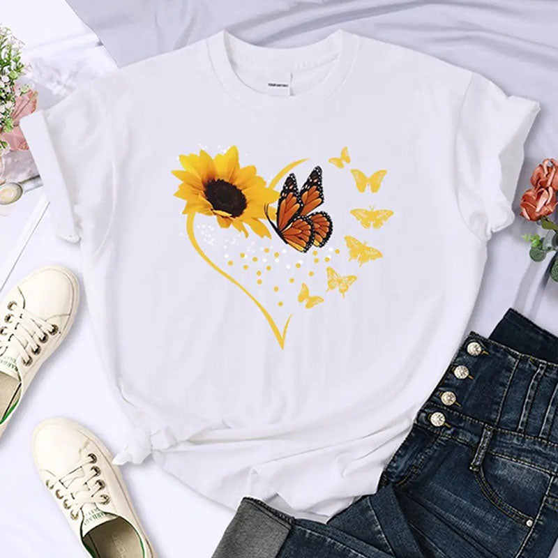 Sunflower-print crew-neck short-sleeve top
