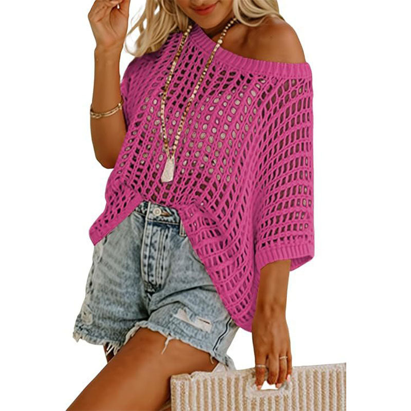 Cutout vacation style off-shoulder short-sleeved top