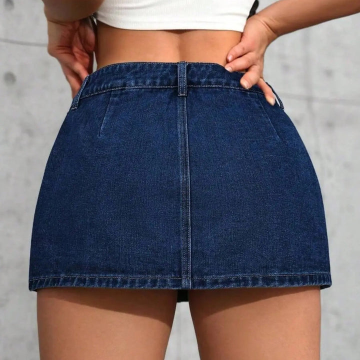 The Elara Y2K A-Line Stretch Denim Button Skirt